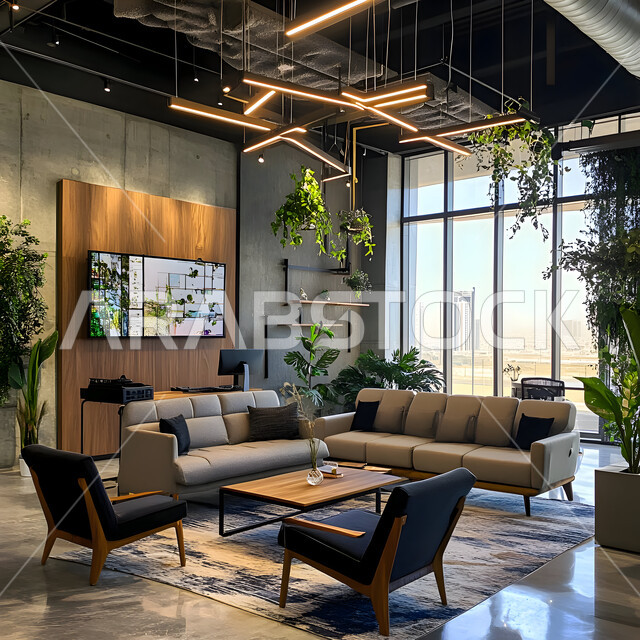 غرف مكتبية بتصاميم وديكورات داخلية فخمة، غرفة اجتماعات واسعة مع طاولة محاطة بكراسي, التصميم العصري الحديث للمكاتب في الشركات والمراكز التجارية السعودية, قاعة الأعمال وعقد الاتفاقات مع فريق العمل