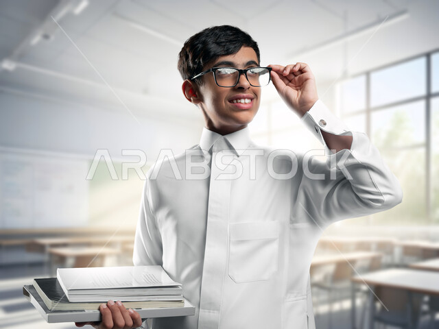 العودة الى المداس، طالب عربي خليجي سعودي يرتدي الزي المدرسي والنظارة الطبية يقف داخل الغرفة الصفية ينظر الى شيء ما بإيماءات التركيز يحمل بيده الكتب المدرسية، التعليم في مدارس المملكة العربية السعودية، تعابير الجد والاجتهاد والنشاط