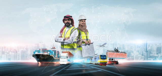 نهضة المجتمع السعودي بسواعد أبنائه، مهندسة عربية خليجية سعودية محجبة ترتدي خوذة الحماية تقف مع مهندس يرتدي الشماغ وسترة الحماية، مفهوم متابعة سير المشاريع، تطور ونمو القطاع الهندسي في المجالات المتنوعة