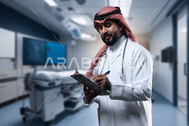 تدوين نتائج الفحوصات والتحاليل بالسجل الطبي، العمل في القطاع الصحي, طبيب عربي خليجي سعودي مبتسم يرتدي المعطف الطبي الأبيض وسماعة الفحص يحمل بيده ملفات المرضى, تقديم الخدمات العلاجية للمرضى, مهن ووظائف سعودية