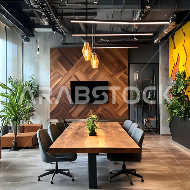 office rooms with luxurious interior designs and decor, spacious meeting room with a table surrounded by chairs, modern contemporary design for offices in Saudi companies and commercial centers, business hall and concluding agreements with the work team