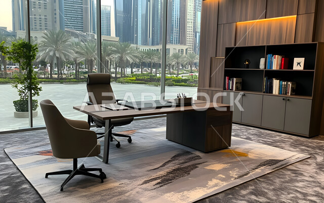 مكتب بديكور راقي على الطراز الحديث, التصميم الداخلي الأنيق, تصاميم حديثة لمكاتب الشركات في المملكة العربية السعودية, الديكورات العصرية الفاخرة, تجهيزات مكتبية مع أثاث مكتبي مريح, النوافذ والواجهات الزجاجية 
