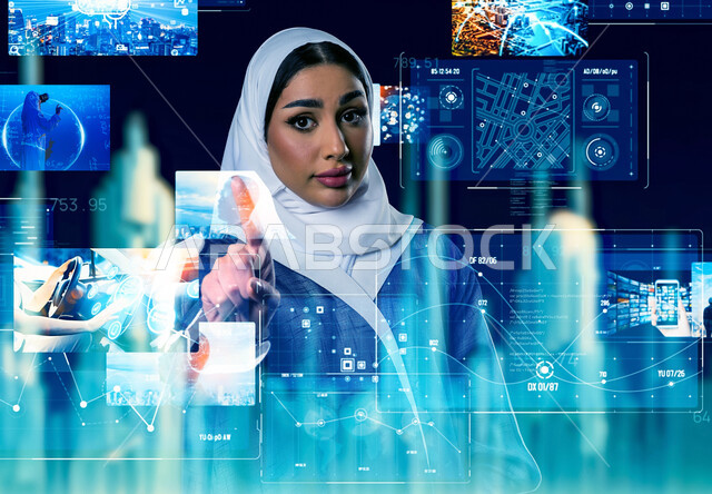 Using modern technologies, promoting the concept of digital and technological development in Saudi society, a close-up image of a veiled Saudi Arabian Gulf woman wearing an abaya looking at the camera, clicking on the illuminated icons, interacting and merging with the holographic elements