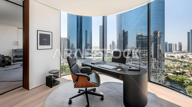 مكتب بديكور راقي على الطراز الحديث, التصميم الداخلي الأنيق, تصاميم حديثة لمكاتب الشركات في المملكة العربية السعودية, الديكورات العصرية الفاخرة, تجهيزات مكتبية مع أثاث مكتبي مريح, النوافذ والواجهات الزجاجية