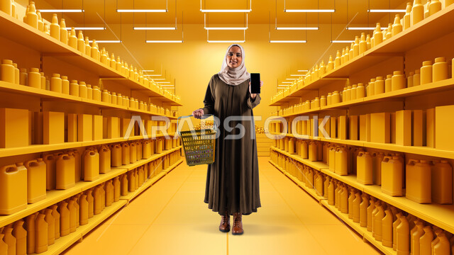 Enjoy shopping in malls and shopping centers, using modern technologies and devices, a veiled Saudi Arabian Gulf woman standing and carrying a shopping basket, displaying a mobile phone with a blank black screen, taking advantage of discounts and sales