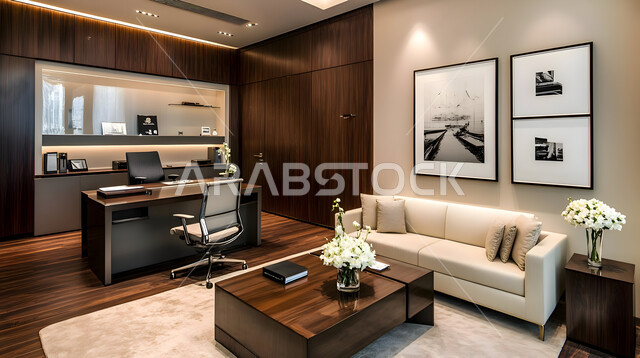 التصميم الداخلي الأنيق, تصاميم حديثة لمكاتب الشركات في المملكة العربية السعودية, مكتب بديكور راقي على الطراز الحديث, الديكورات العصرية الفاخرة, تجهيزات مكتبية مع أثاث مكتبي مريح