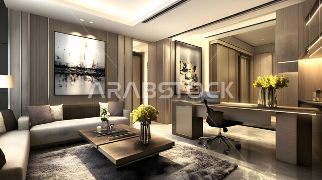 التصميم الداخلي الأنيق, تصاميم حديثة لمكاتب الشركات في المملكة العربية السعودية, مكتب بديكور راقي على الطراز الحديث, الديكورات العصرية الفاخرة, تجهيزات مكتبية مع أثاث مكتبي مريح