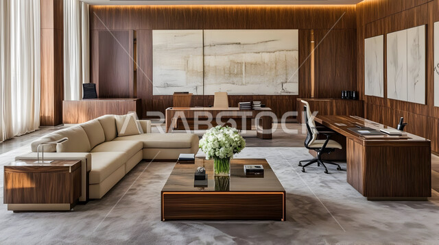 مكتب بديكور راقي على الطراز الحديث, التصميم الداخلي الأنيق, تصاميم حديثة لمكاتب الشركات في المملكة العربية السعودية, الديكورات العصرية الفاخرة, تجهيزات مكتبية مع أثاث مكتبي مريح, النوافذ والواجهات الزجاجية