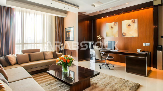 مكتب بديكور راقي على الطراز الحديث, التصميم الداخلي الأنيق, تصاميم حديثة لمكاتب الشركات في المملكة العربية السعودية, الديكورات العصرية الفاخرة, تجهيزات مكتبية مع أثاث مكتبي مريح, النوافذ والواجهات الزجاجية