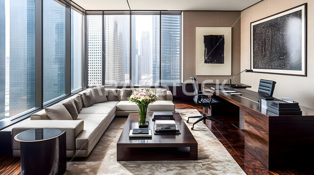 مكتب بديكور راقي على الطراز الحديث, التصميم الداخلي الأنيق, تصاميم حديثة لمكاتب الشركات في المملكة العربية السعودية, الديكورات العصرية الفاخرة, تجهيزات مكتبية مع أثاث مكتبي مريح, النوافذ والواجهات الزجاجية