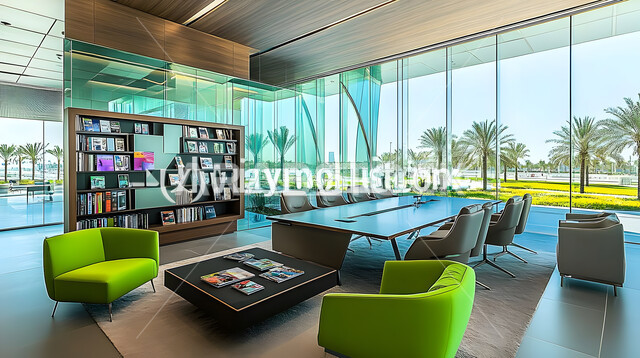 التصميم العصري الحديث للمكاتب في الشركات والمراكز التجارية السعودية، غرف مكتبية بتصاميم وديكورات داخلية فخمة، غرفة اجتماعات واسعة مع طاولة محاطة بكراسي، قاعة الأعمال وعقد الاتفاقات مع فريق العمل