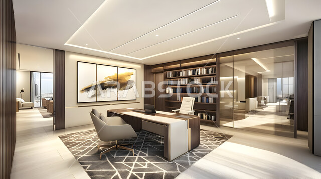 مكتب بديكور راقي على الطراز الحديث, تجهيزات مكتبية مع أثاث مكتبي مريح, الديكورات العصرية الفاخرة, التصميم الداخلي الأنيق, تصاميم حديثة لمكاتب الشركات في المملكة العربية السعودية, النوافذ والواجهات الزجاجية