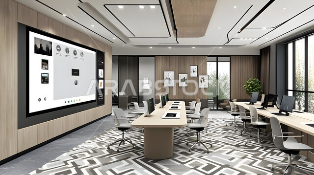 قاعة الأعمال وعقد الاتفاقات مع فريق العمل, غرف مكتبية بتصاميم وديكورات داخلية فخمة، غرفة اجتماعات واسعة مع طاولة محاطة بكراسي, التصميم العصري الحديث للمكاتب في الشركات والمراكز التجارية السعودية