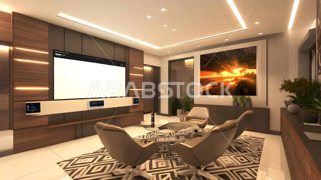 قاعة الأعمال وعقد الاتفاقات مع فريق العمل, غرف مكتبية بتصاميم وديكورات داخلية فخمة، غرفة اجتماعات واسعة مع طاولة محاطة بكراسي, التصميم العصري الحديث للمكاتب في الشركات والمراكز التجارية السعودية