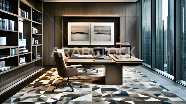 مكتب بديكور راقي على الطراز الحديث, تجهيزات مكتبية مع أثاث مكتبي مريح, الديكورات العصرية الفاخرة, التصميم الداخلي الأنيق, تصاميم حديثة لمكاتب الشركات في المملكة العربية السعودية, النوافذ والواجهات الزجاجية