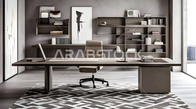 Office with a modern elegant decor, office equipment with comfortable office furniture, modern luxury decor, elegant interior design, modern designs for corporate offices in the Kingdom of Saudi Arabia, windows and glass facades