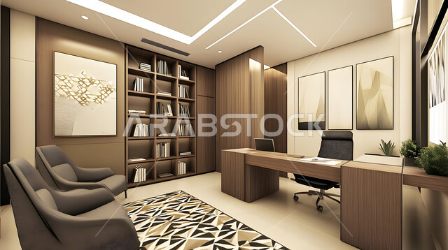 Office equipment with comfortable office furniture, luxurious modern decorations, office with a modern style of high-end decoration, elegant interior design, modern designs for corporate offices in the Kingdom of Saudi Arabia