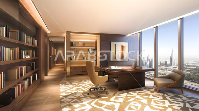 Office equipment with comfortable office furniture, luxurious modern decorations, office with a modern style of high-end decoration, elegant interior design, modern designs for corporate offices in the Kingdom of Saudi Arabia