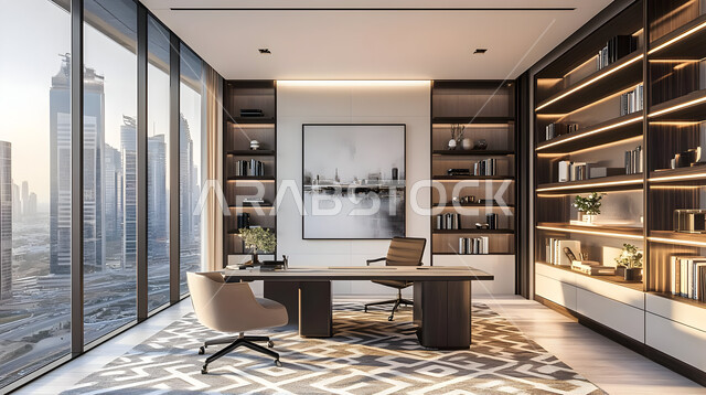 تصاميم حديثة لمكاتب الشركات في المملكة العربية السعودية, مكتب بديكور راقي على الطراز الحديث, تجهيزات مكتبية مع أثاث مكتبي مريح, الديكورات العصرية الفاخرة, التصميم الداخلي الأنيق, النوافذ والواجهات الزجاجية