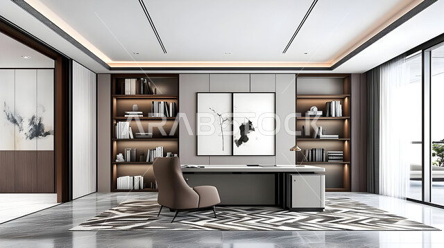 تصاميم حديثة لمكاتب الشركات في المملكة العربية السعودية, مكتب بديكور راقي على الطراز الحديث, تجهيزات مكتبية مع أثاث مكتبي مريح, الديكورات العصرية الفاخرة, التصميم الداخلي الأنيق, النوافذ والواجهات الزجاجية