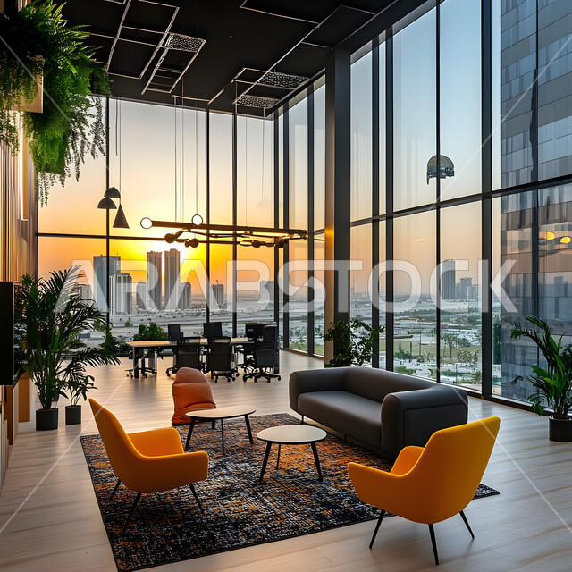 قاعة الأعمال وعقد الاتفاقات مع فريق العمل, التصميم العصري الحديث للمكاتب في الشركات والمراكز التجارية السعودية، غرف مكتبية بتصاميم وديكورات داخلية فخمة، غرفة اجتماعات واسعة مع طاولة محاطة بكراسي