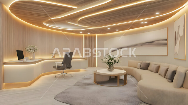 Elegant interior design, modern designs for corporate offices in the Kingdom of Saudi Arabia, office with sophisticated decor in a modern style, luxurious modern decor, office equipment with comfortable office furniture