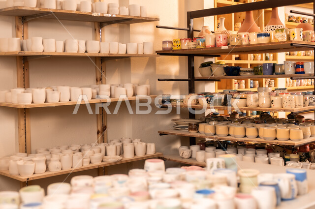 الاستعداد للاحتفال باليوم الوطني السعودي 23 سبتمبر, حرف ومهن شعبية تراثية, تأسيس الدولة السعودية 1727 م, عرض المواهب والاعمال الفنية اليدوية في إحدى المتاجر, محل بيع الهدايا التذكاريه التقليديه