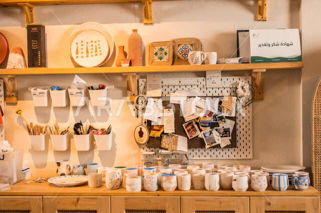 حرف ومهن شعبية تراثية, تأسيس الدولة السعودية 1727 م, الاستعداد للاحتفال باليوم الوطني السعودي 23 سبتمبر, عرض المواهب والاعمال الفنية اليدوية في إحدى المتاجر, محل بيع الهدايا التذكاريه التقليديه