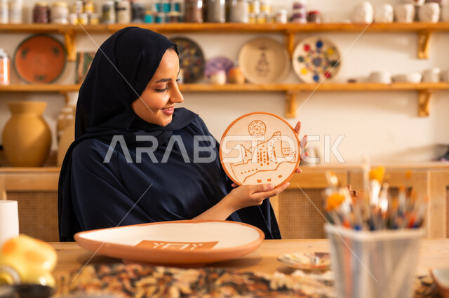  تأسيس الدولة السعودية 1727 م, ذكرى اليوم الوطني السعودي23 سبتمبر, العمل في صناعة الخزفيات, فن الرسم والتلوين على الخزف، امرأة عربية خليجية سعودية محجبة ترتدي العباءة السوداء تحمل بيدها رسوم طينية باللون البني على طبق من السيراميك