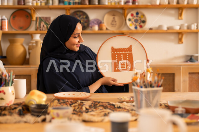 Working in the ceramics industry, the art of drawing and coloring on ceramics, a veiled Saudi Arabian Gulf woman wearing a black abaya holding in her hand drawings of a brown clay house on a ceramic plate, the founding of the Saudi state in 1727 AD, the anniversary of Saudi National Day, September 23