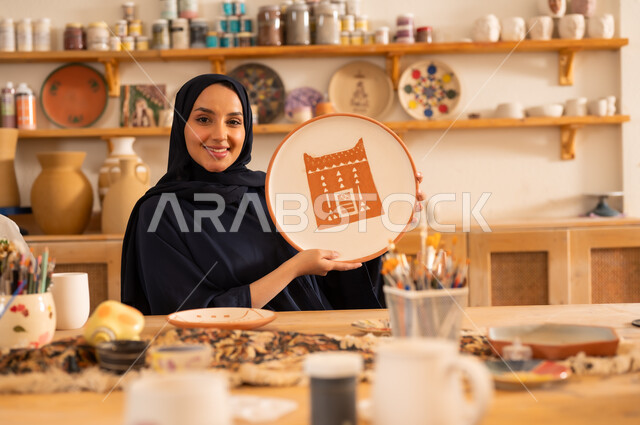 العمل في صناعة الخزفيات, فن الرسم والتلوين على الخزف، امرأة عربية خليجية سعودية محجبة ترتدي العباءة السوداء تحمل بيدها رسوم لبيت طيني باللون البني على طبق من السيراميك, تأسيس الدولة السعودية 1727 م, ذكرى اليوم الوطني السعودي23 سبتمبر