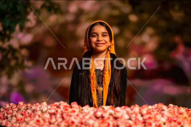  اليوم الوطني السعودي 23سبتمبر، الاحتفال بالمناسبات والأعياد الوطنية، الجلوس داخل كومه من الازهار الوردية، صورة مقربة لفتاة عربية خليجية سعودي ترتدي السدرة والشيلة  تنظر إلى الكاميرا بايماءات السعادة والسرور، يوم بدينا 1727 م