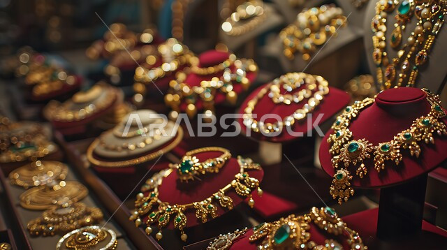 Exhibits of gold and silver studded with diamonds and precious stones, goldsmith markets in the Kingdom of Saudi Arabia, luxury women's jewelry and ornaments