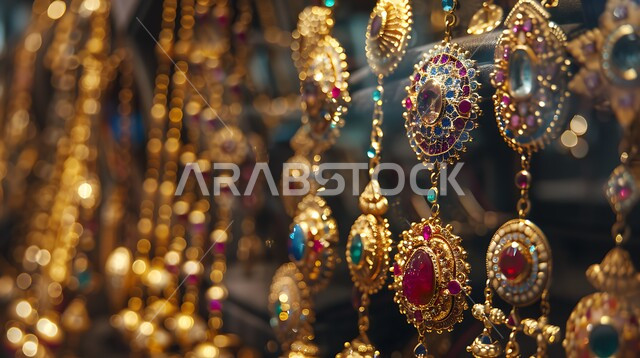 معروضات من الذهب والفضة المرصعين بالألماس والأحجار الكريمة، أسواق الصاغة في المملكة العربية السعودية، المجوهرات والحلي النسائية الفاخرة