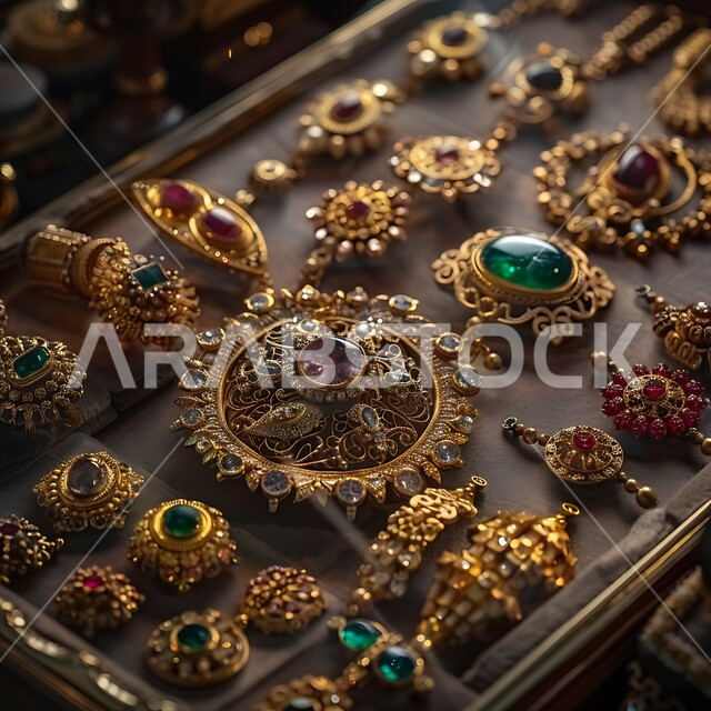 Exhibits of gold and silver studded with diamonds and precious stones, goldsmith markets in the Kingdom of Saudi Arabia, luxury women's jewelry and ornaments