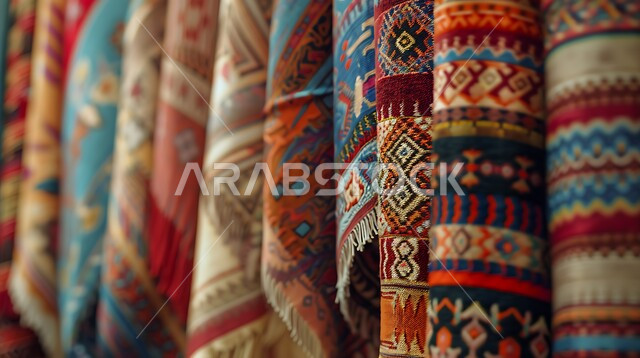 الفن التراثي الحرفي التقليدي ,منتجات محليه وطنيه متميزه, التطريز الشعبي على الاقمشه الملونه في أسواق السعوديه, صورة مقربه للقماش السعودي بألوان مختلفه مع نقوش و زخارف السدو في المملكه