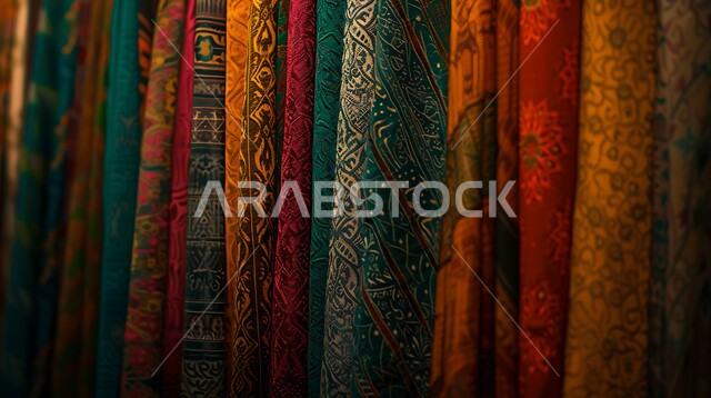 الفن التراثي الحرفي التقليدي ,منتجات محليه وطنيه متميزه, التطريز الشعبي على الاقمشه الملونه في أسواق السعوديه, صورة مقربه للقماش السعودي بألوان مختلفه مع نقوش و زخارف السدو في المملكه
