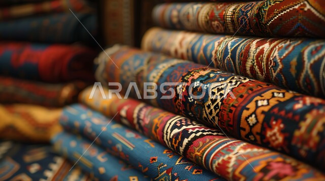 الفن التراثي الحرفي التقليدي ,منتجات محليه وطنيه متميزه, التطريز الشعبي على الاقمشه الملونه في أسواق السعوديه, صورة مقربه للقماش السعودي بألوان مختلفه مع نقوش و زخارف السدو في المملكه