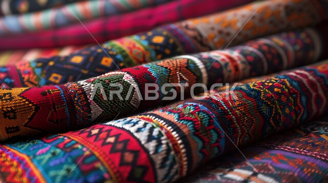 الفن التراثي الحرفي التقليدي ,منتجات محليه وطنيه متميزه, التطريز الشعبي على الاقمشه الملونه في أسواق السعوديه, صورة مقربه للقماش السعودي بألوان مختلفه مع نقوش و زخارف السدو في المملكه