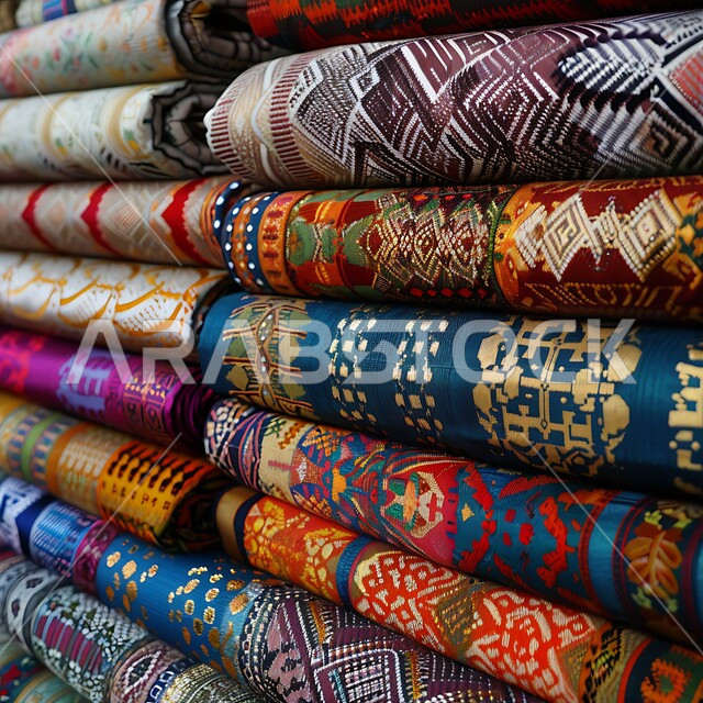 الفن التراثي الحرفي التقليدي ,منتجات محليه وطنيه متميزه, التطريز الشعبي على الاقمشه الملونه في أسواق السعوديه, صورة مقربه للقماش السعودي بألوان مختلفه مع نقوش و زخارف السدو في المملكه