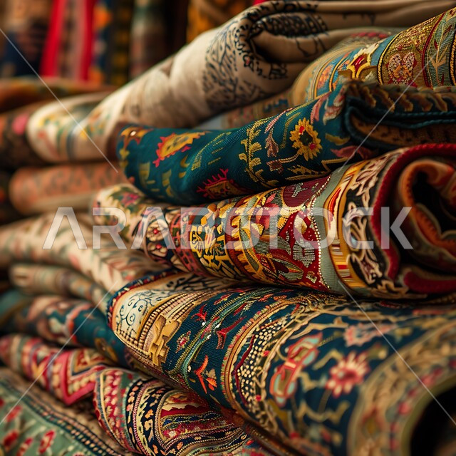 Distinctive local national products, traditional heritage art, folk embroidery on colored fabrics in Saudi markets, close-up photo of Saudi fabric in different colors with Sadu patterns and decorations in the Kingdom