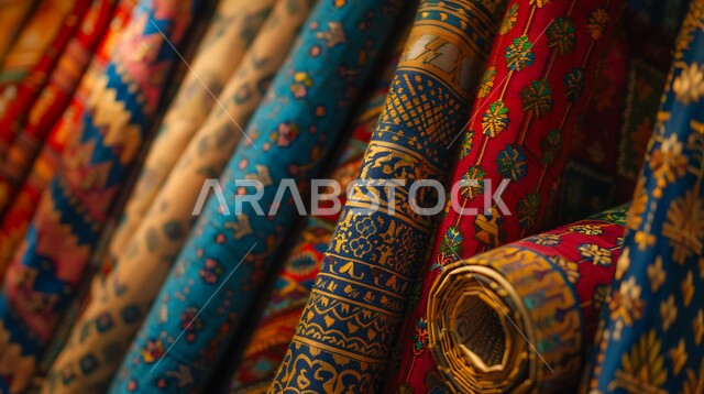 منتجات محليه وطنيه متميزه, الفن التراثي الحرفي التقليدي , التطريز الشعبي على الاقمشه الملونه في أسواق السعوديه, صورة مقربه للقماش السعودي بألوان مختلفه مع نقوش و زخارف السدو في المملكه