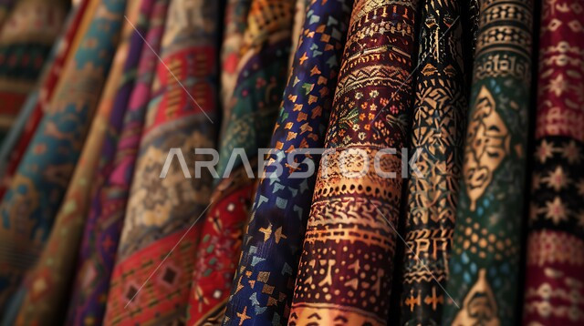 منتجات محليه وطنيه متميزه, الفن التراثي الحرفي التقليدي , التطريز الشعبي على الاقمشه الملونه في أسواق السعوديه, صورة مقربه للقماش السعودي بألوان مختلفه مع نقوش و زخارف السدو في المملكه