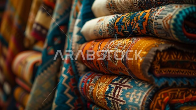 Distinctive local national products, traditional heritage art, folk embroidery on colored fabrics in Saudi markets, close-up photo of Saudi fabric in different colors with Sadu patterns and decorations in the Kingdom