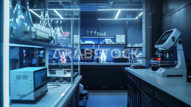 Modern Saudi Research Center in the Kingdom of Saudi Arabia, the concept of scientific research and development of samples through modern advanced devices in the medical research laboratory, medicine and health care, the advancement of biotechnology in scientific laboratories