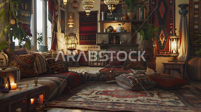 Antique decorations in the Kingdom of Saudi Arabia, traditional style interior designs for popular gatherings, adherence to Arab customs, traditions and ancient culture, living room with hand-made embroidered furniture and textiles