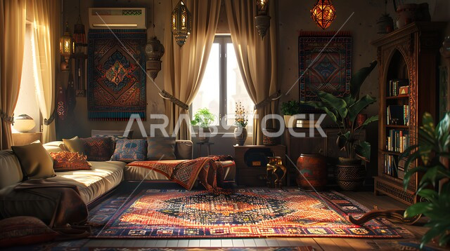 Antique decorations in the Kingdom of Saudi Arabia, traditional style interior designs for popular gatherings, adherence to Arab customs, traditions and ancient culture, living room with hand-made embroidered furniture and textiles