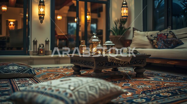 ديكورات أثرية عريقة في المملكة العربية السعودية, التصاميم الداخلية المزخرفة على الطراز التقليدي للجلسات الشعبية, التمسك بالعادات والتقاليد العربية والثقافة القديمة, غرفة معيشة بأثاث ومنسوجات مطرزة مصنوعة بشكل يدوي