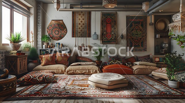 Antique decorations in the Kingdom of Saudi Arabia, traditional style interior designs for popular gatherings, adherence to Arab customs, traditions and ancient culture, living room with hand-made embroidered furniture and textiles