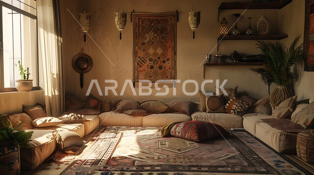 ديكورات أثرية عريقة في المملكة العربية السعودية, التصاميم الداخلية المزخرفة على الطراز التقليدي للجلسات الشعبية, التمسك بالعادات والتقاليد العربية والثقافة القديمة, غرفة معيشة بأثاث ومنسوجات مطرزة مصنوعة بشكل يدوي